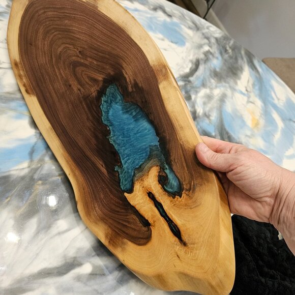 Black Walnut Live Edge Charcuterie Board with a hint of Pacific blue epoxy - Picture 3 of 5